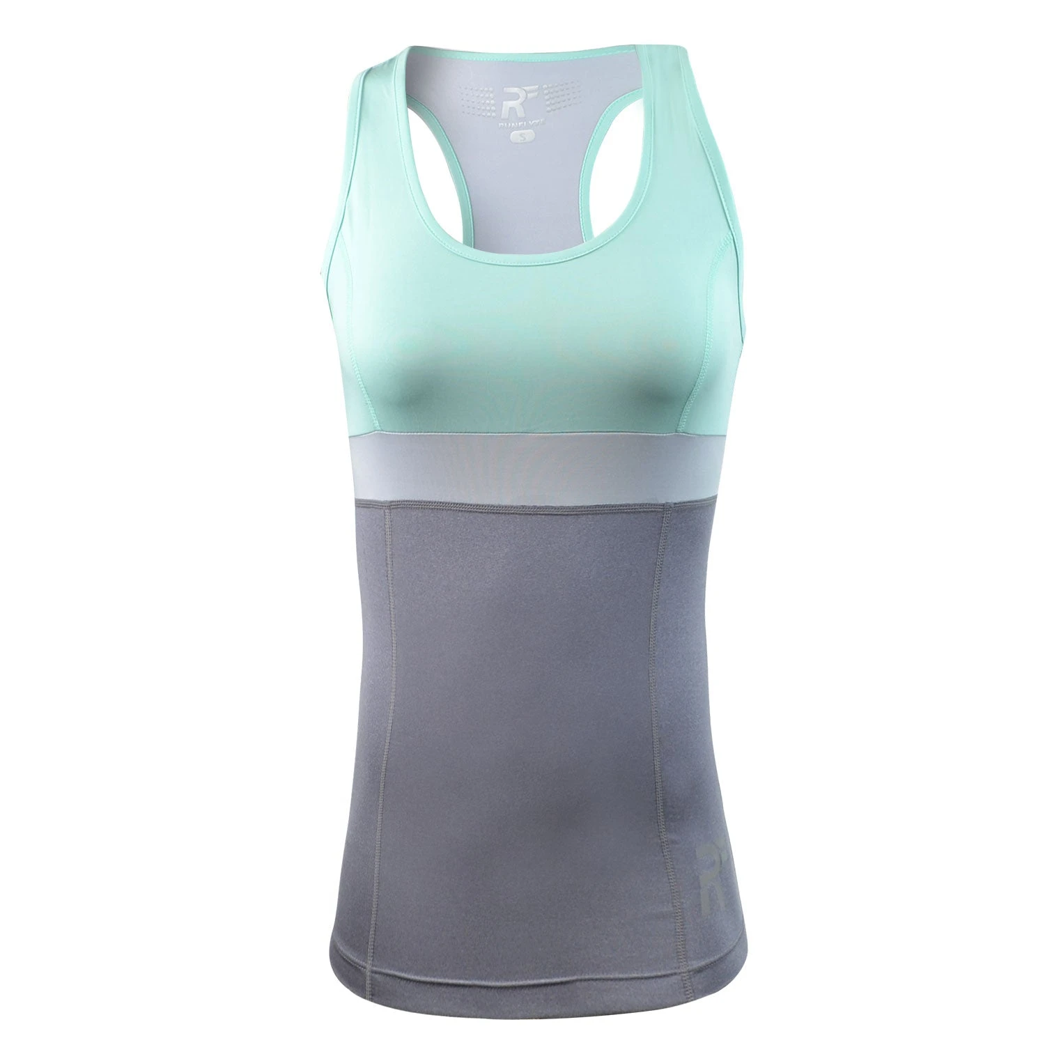 RunFlyte Women's Chakra II Tank Top - Fitted - Moisture Wicking - Light Mint/Grey/Charcoal 1 RunFlyte Women's Chakra II Tank Top - Fitted - Moisture Wicking - Light Mint/Grey/Charcoal